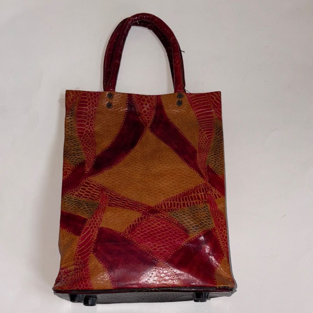 Vintage Boho Ladies Red & Tan Patchwork Print Leather Tote Bag W/Feet 12”x 8.5”